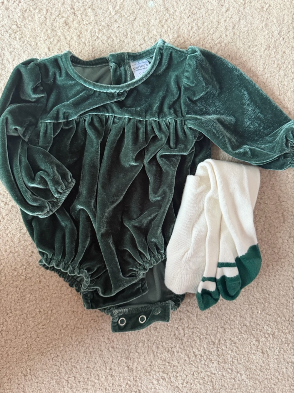 Carter's Dark Green Velvet Baby One-Piece with Cream tights